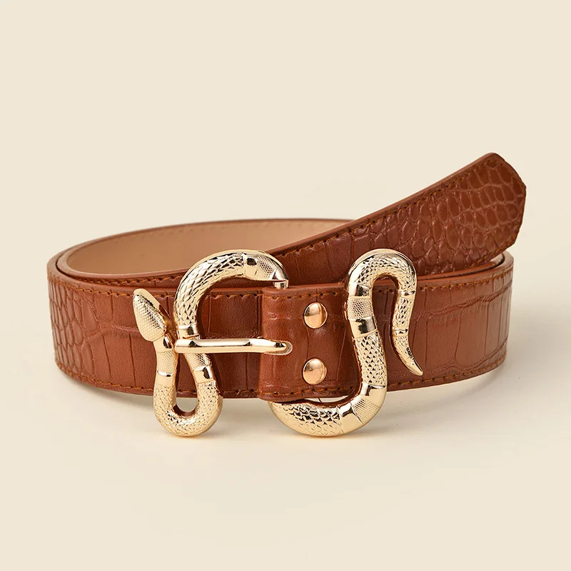 Luxury Brand Pu Leather Belt For Women Designer Metal Snake Buckle Waist Strap Female Dress Jeans Decoration Waistband