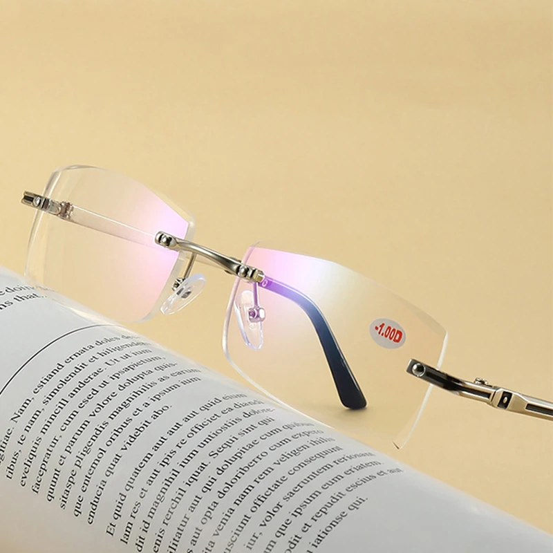 Rimless Rectangle Myopia Glasses Ultralight Elasti Men Women Bussiness Nearsighted Eyeglasses Anti-Blue Ray Glasses -1 to -4