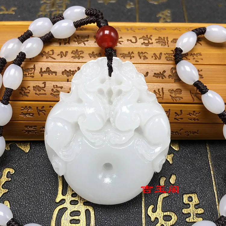 Admirable White jade solid 2 Lion pendant Lucky Beast Hanging Amulet Mala Bead Necklace With