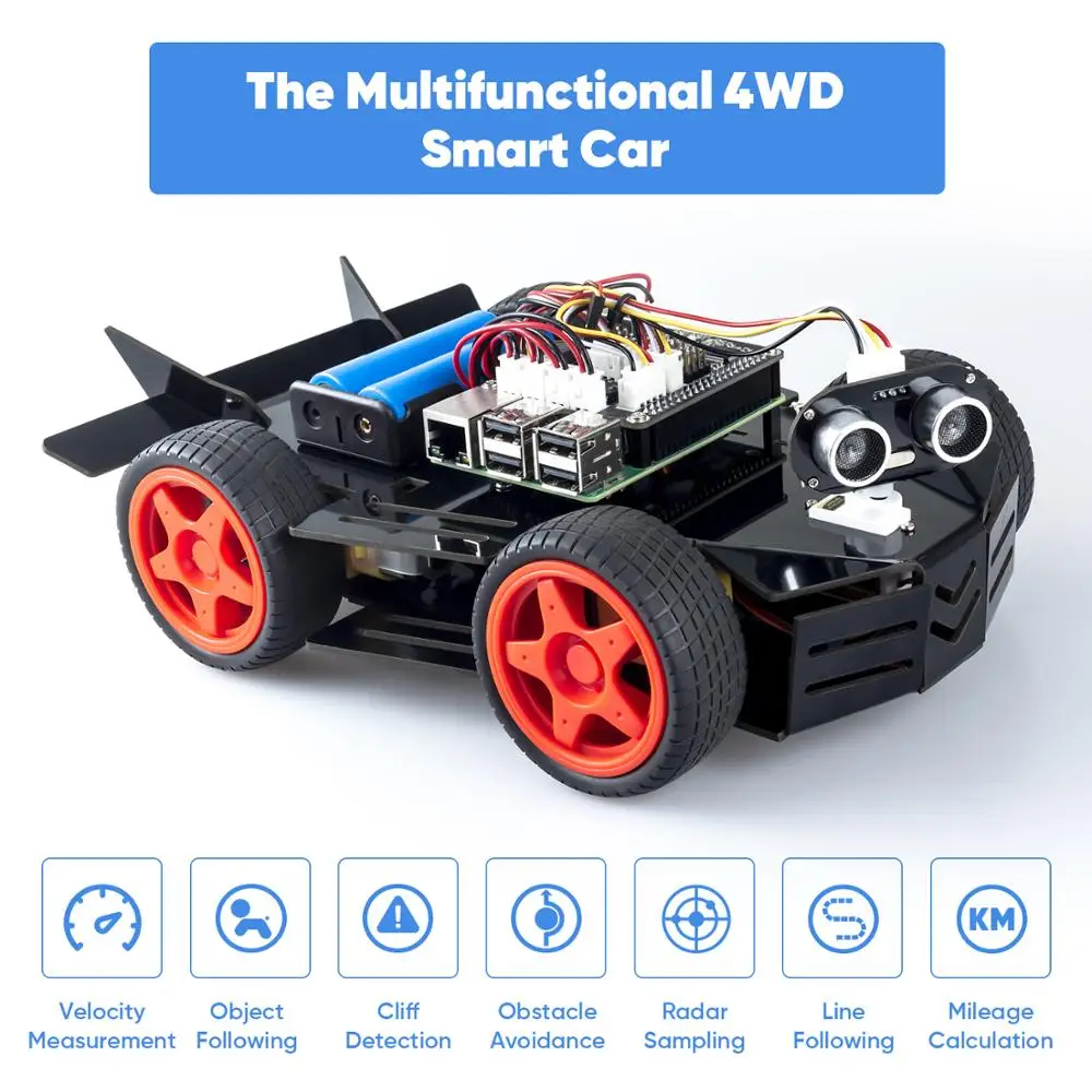 CC SunFounder Raspberry Pi Car Robot Kit, 4WD HAT Module, Ultrasonic Sensor, Velocity Measurement Module，DIY Robot