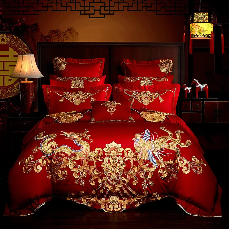 

High end Golden Loong Phoenix Embroidery Bedding Set Luxury 100% Cotton Red Chinese Wedding Duvet Cover Bed Sheet Pillowcases