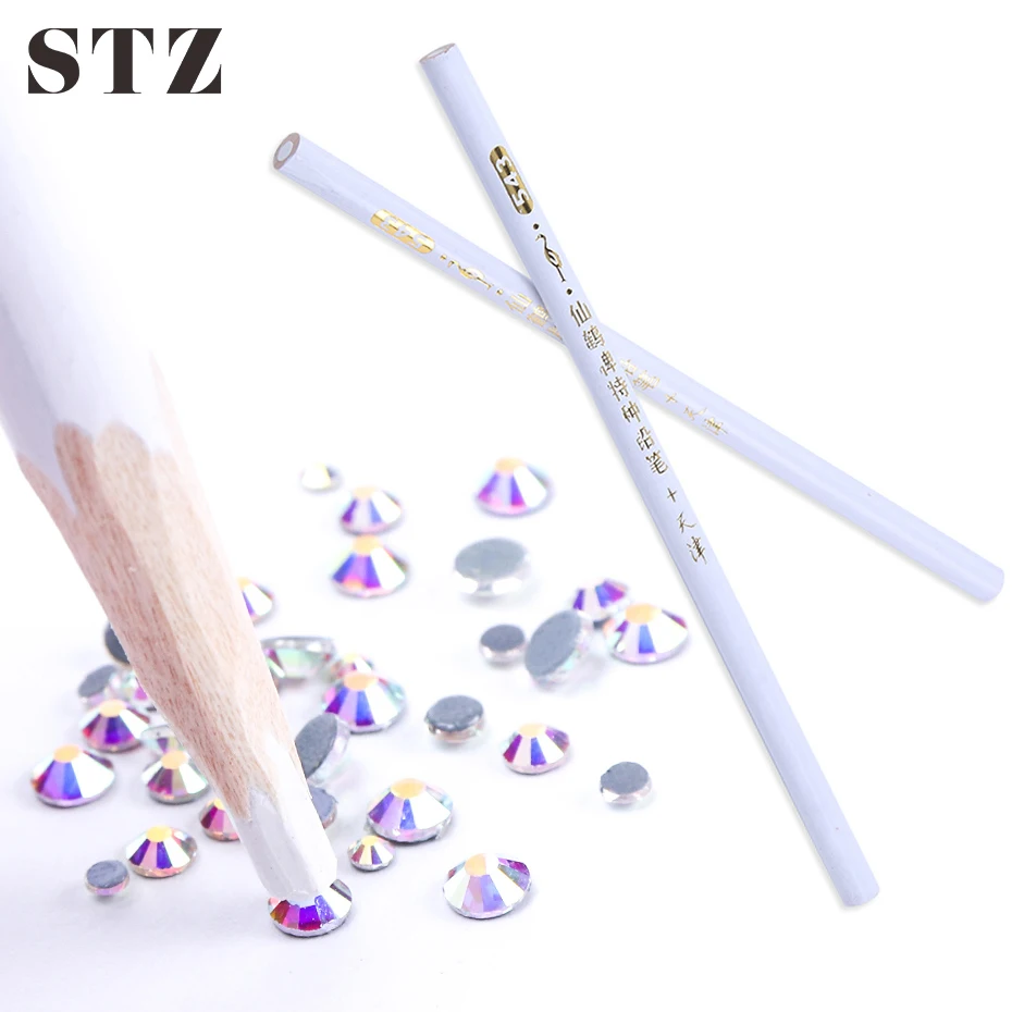 

STZ 2pcs Nail Art Rhinestone Gems Picking Pencil Wooden Dotting Tool Crystal Stones Picker Nail Art Decor Wax Pen Manicure TR36