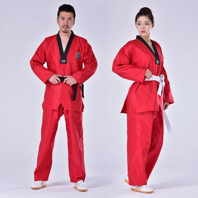 Red Taekwondo Uniform Blue Dobok TKD Coach Suit Adult Karate Judo Training Competition Pants Coat Beginner Performance Costume