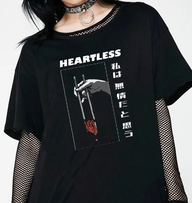 HAHAYULE-JBH Heartless Printed T Shirt Women Short Sleeve Cotton Fashion Street Style Tee Shirt Funny Printing Tee Tops