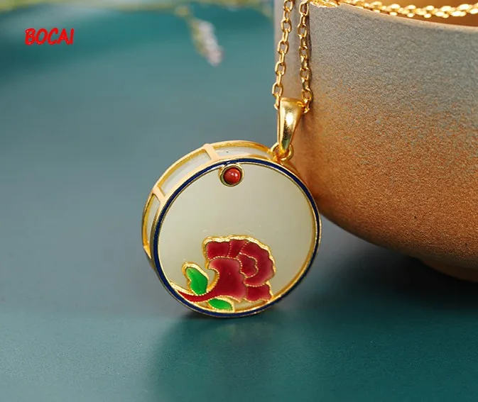 s925 Silver Hetian Jade Burnt Blue Ruyi Pendant Fashion National Style Women's Necklace