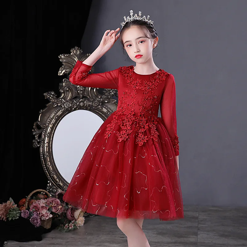 

Children Girls Lace Long Sleeve Formal Dress Evening Party Tutu Princess Kids Dresses For Girls Wedding Carnival New Years