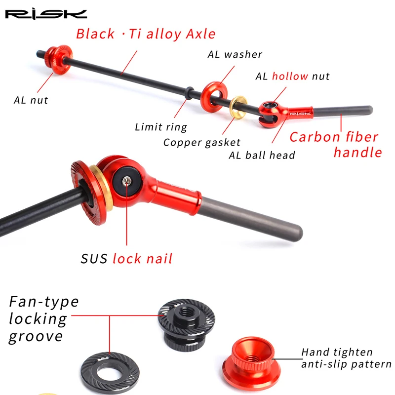 RISK Bicycle QR Skewers Lever Titanium Axle+Carbon Fiber Handle+AL Nut/Ball Head MTB Road Bike Universal Wheel Hub Quick Release