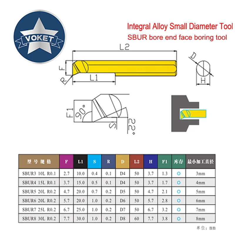 VOKET CNC Tungsten Steel Alloy Small Aperture Boring Tool Inner Hole End Face Boring Tool SBUR 3 4 5 6 7 8