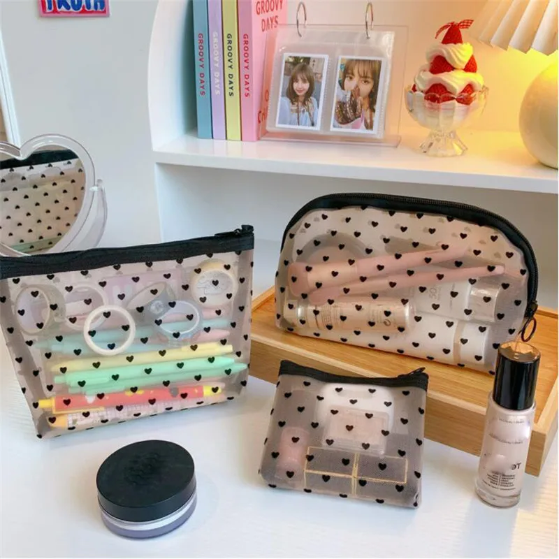 Transparent Heart Mesh Storage Bags Women Necessary Cosmetic Bag Travel Organizer Small Large Black Toiletry Bags Makeup Pouch