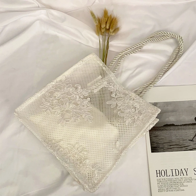 

Fashion Women Mesh Lace Handbag Embroidery Flower Shoulder Bag Vintage Hollow Clutch Purse Tote Lightweight Casual Bags