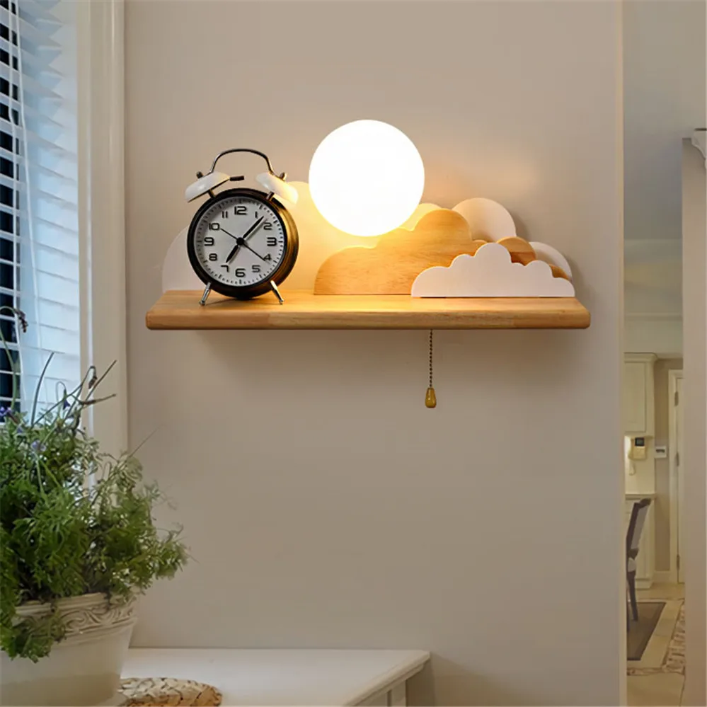 Creative Clouds Sun Wood Shelf Glass Led Wall Lamp With Pull Switch Children Bedroom Bedside Study Sconce Girls Light Fixtures