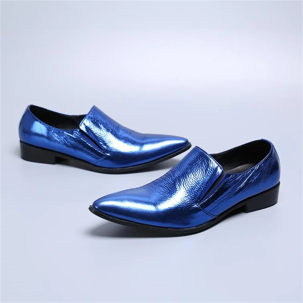 

Spring Autumn British Style Business Dress Shoes Mens Patent Leather Blue Pointed Toe Slip-on Flats