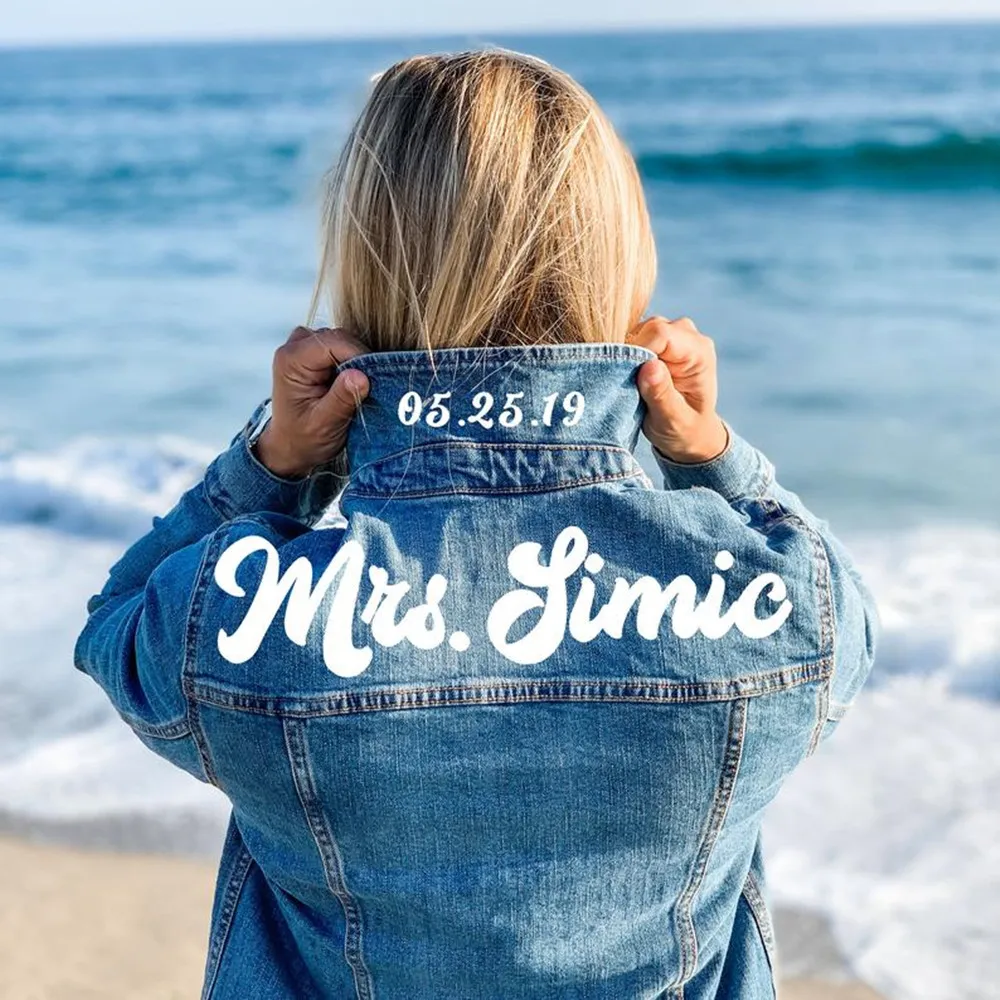 

Custom Bride Denim Jacket - Personalized Wedding Date Jacket Bride Jean Jacket MRS Jacket Bride to Be Gift Bridal Shower Gift Id