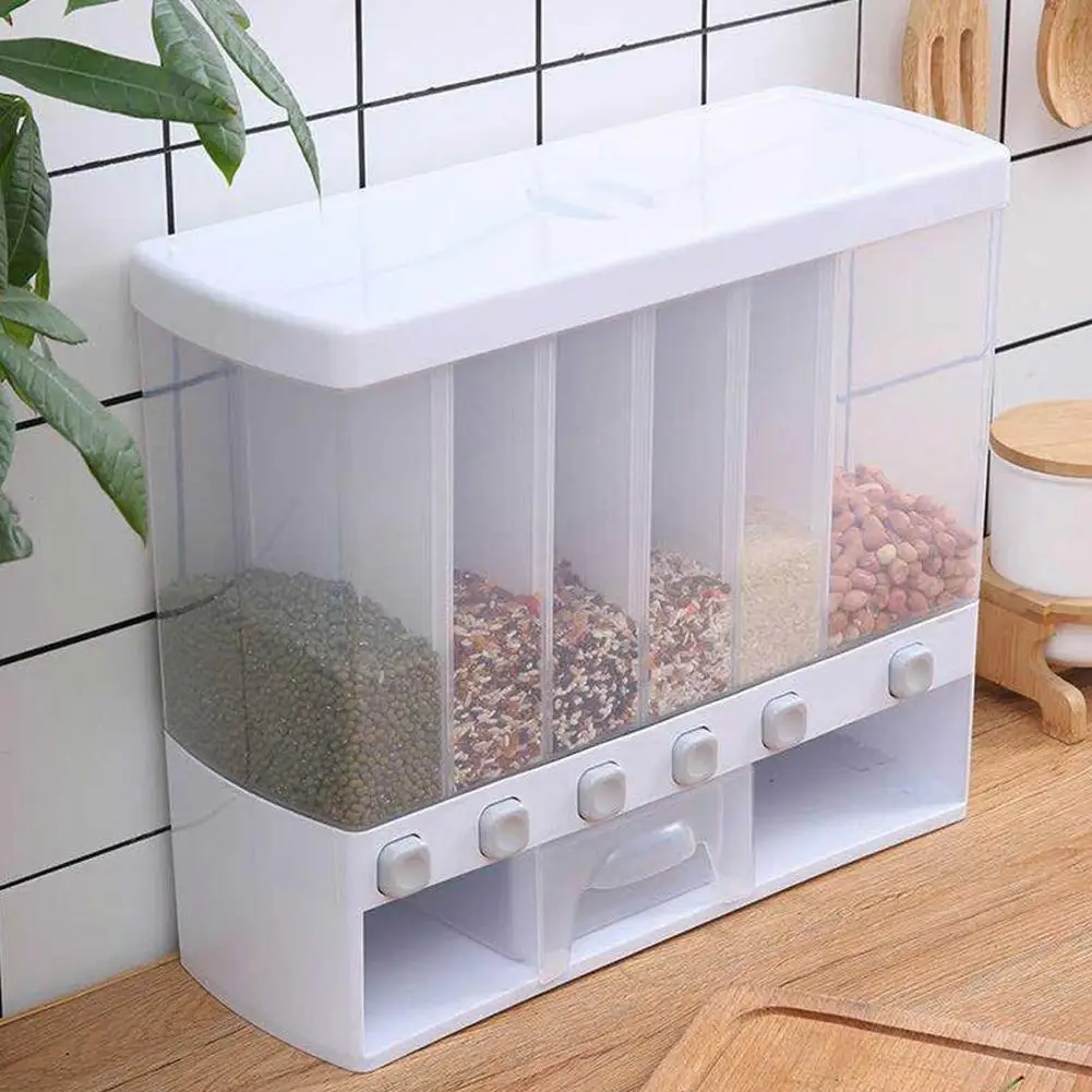 New Wall Mounted Divided Rice & Cereal Dispenser 6 Moisture Proof Automatic Racks Sealed Food Storage Box Rice Storage Container