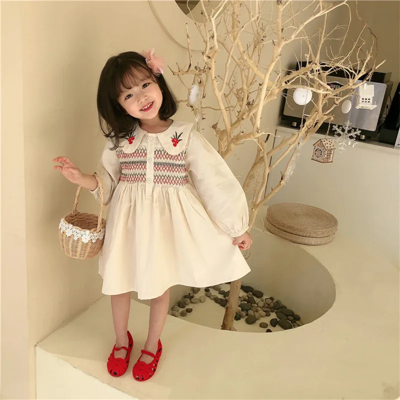 

2021 Spring Autumn New Arrival Embroidery Peter Pan Collar Cotton Princess Dress Kids Clothes Girls Long Sleeve Dress For 1-8Yrs