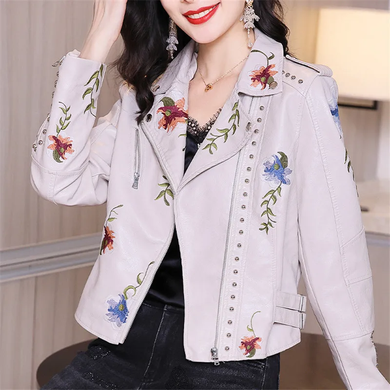 Vintage Rivet Beaded Flower Embroidery Short Faux PU Leather Jacket Autumn Lapel Long Sleeve Motorcycle Biker Jacket Streetwear