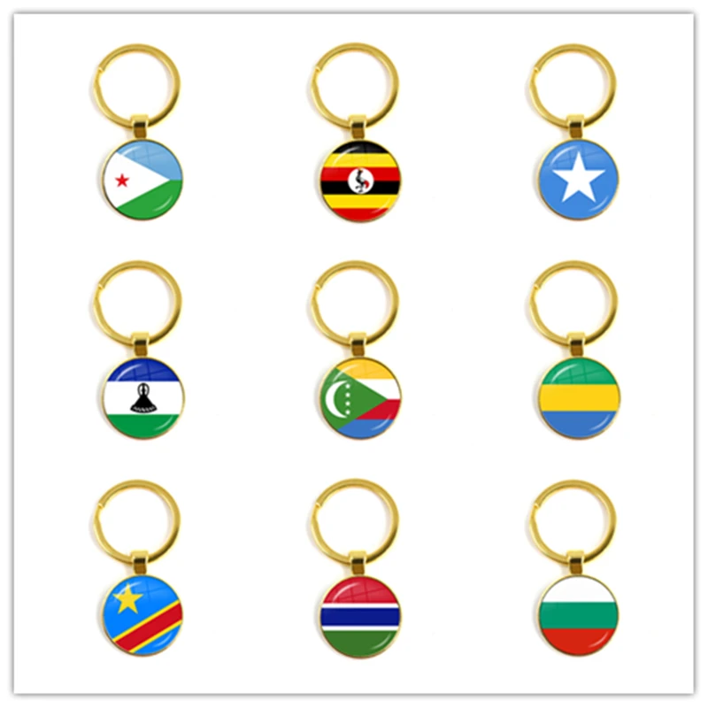 Djibouti,Uganda,Gambia,Congo,Gabon,Comoros,Lesotho,Somalia,Bulgaria 25mm Glass Cabochon National Flag Keychain Keyholder Gift