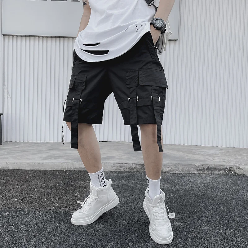 Cargo Summer Shorts Men Multi-Pockets Loose Straight Knee-Length Shorts Solid Color Black Casual Elastic Waist Shorts Male