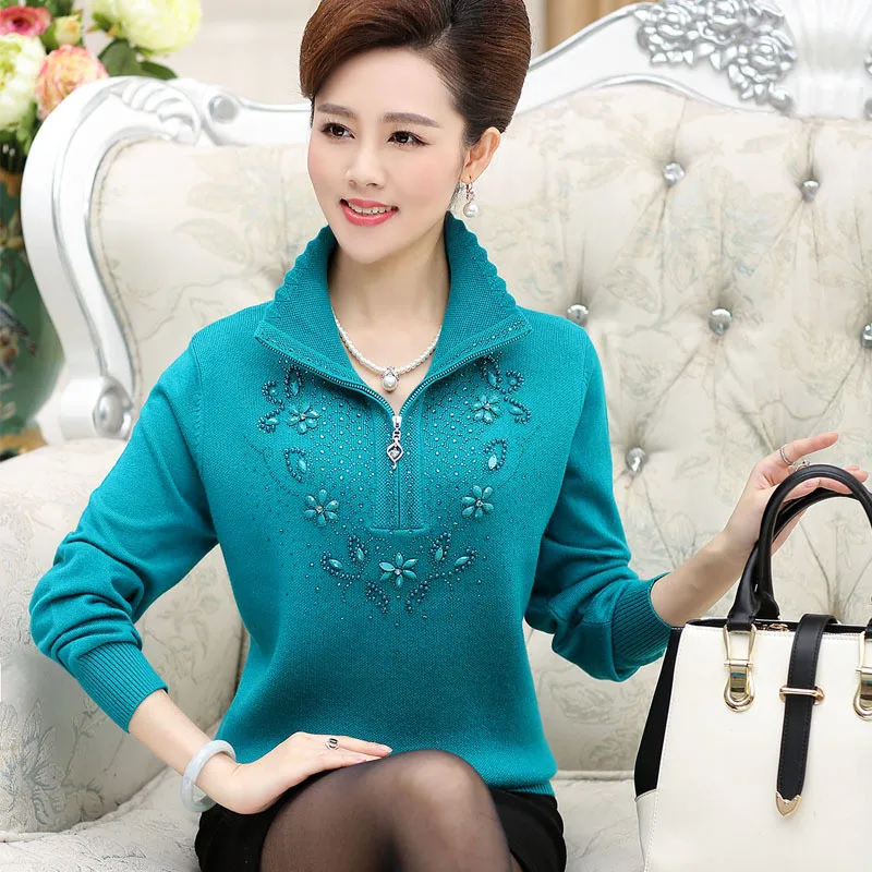 Large Size Middle-aged Women's Pullover Sweaters Autumn Long-sleeved Lapel Zipper Knitting Tops Casual Wool Sweater Coat W1786