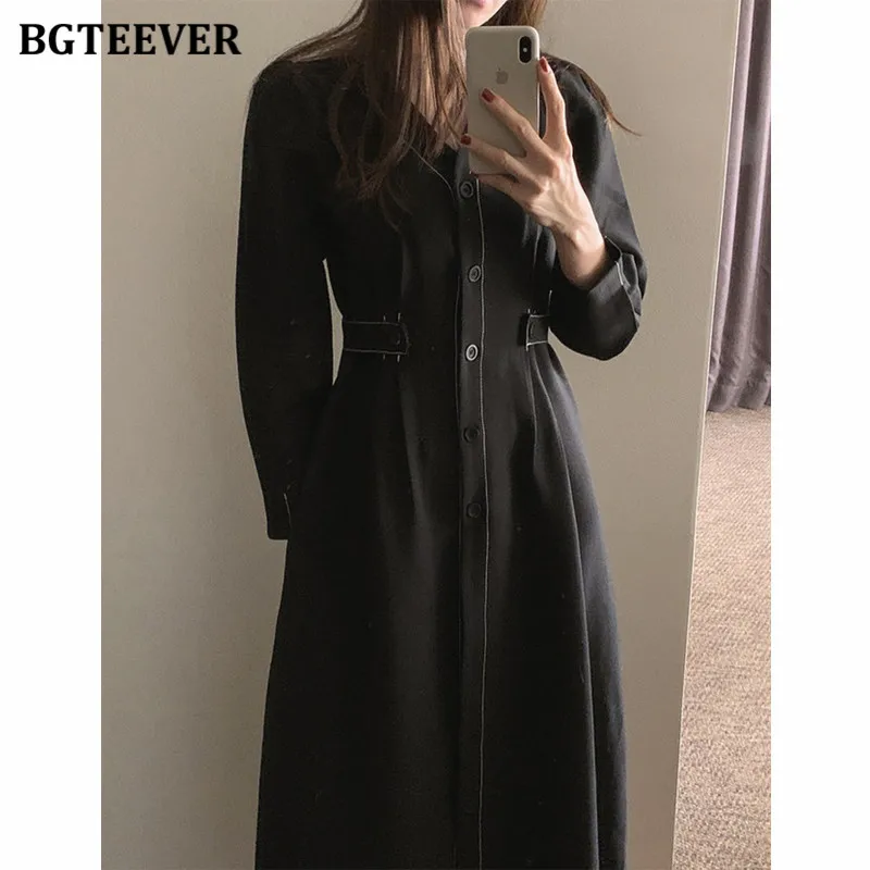 BGTEEVER Elegant V-neck Single-breasted Female Dress Spring Summer Solid Vestidos Full Sleeve Slim Waist Women Midi Dress 2021