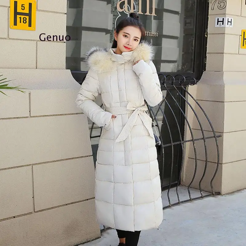 Women's Winter Long Down Cotton Jacket Hooded Fur Collar Jackets 2021 Fashion Solid Color Belt Slim Padded Coat Women Warm Coats