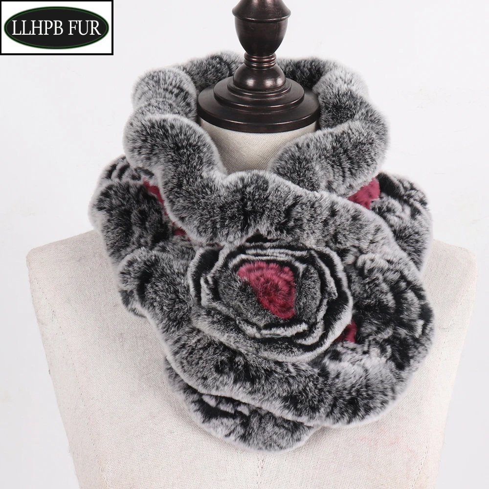 

2024 Women Winter Floral 100% Natural Real Rex Rabbit Fur Ring Scarves Lady Knitted Real Fur Mufflers Fashion Fluffy Fur Scarf