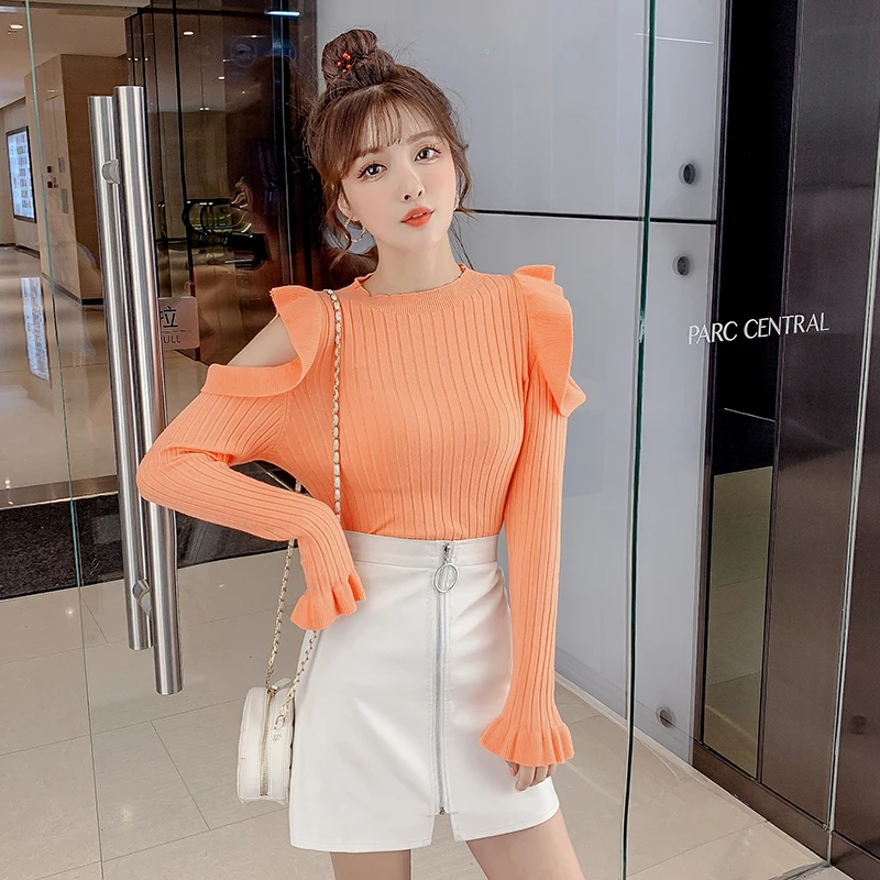 

2023 Autumn Ruffles Sweater Women Sweet Flare Sleeve Slim winter sweater pullover O neck casual female jumper knitwear tops