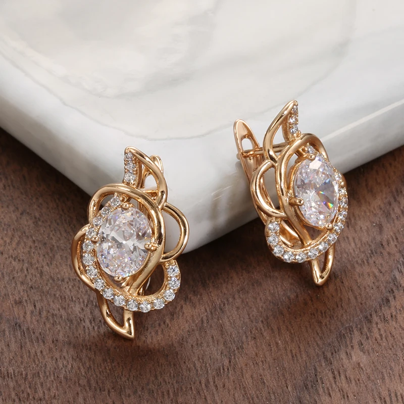 SYOUJYO Exquisite Crystal Flower Earrings for Women Big Natural Zircon 585 Rose Gold Color Luxury Bride Wedding Jewelry