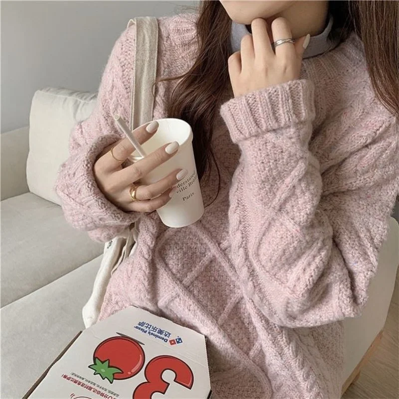 Thick Pullovers Women O-neck Sweaters Japan Preppy Solid Simple Loose Thermal Long Sleeve Knitwear Ins Sweet Popular Winter Cozy