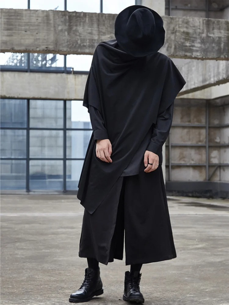 Men Loose Large Size Turtleneck Sleeveless Vest Shawl Street Hip Hop Irregular Asymmetric Pullover Tops Stage Clothing