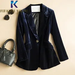 Velvet Blazer Jacket Women High Quality Single Button Pocket Fashion Suit Jacket Autumn 2021 New Lady Loose Formal Blazers Coat