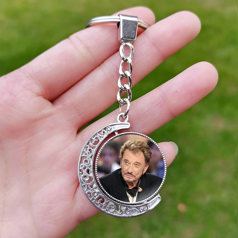 Rock Star Johnny Hallyday Key Chain Bag Pendant Double Sided Moon Pendant Rotated Key Ring Exquisite Keyring Gift