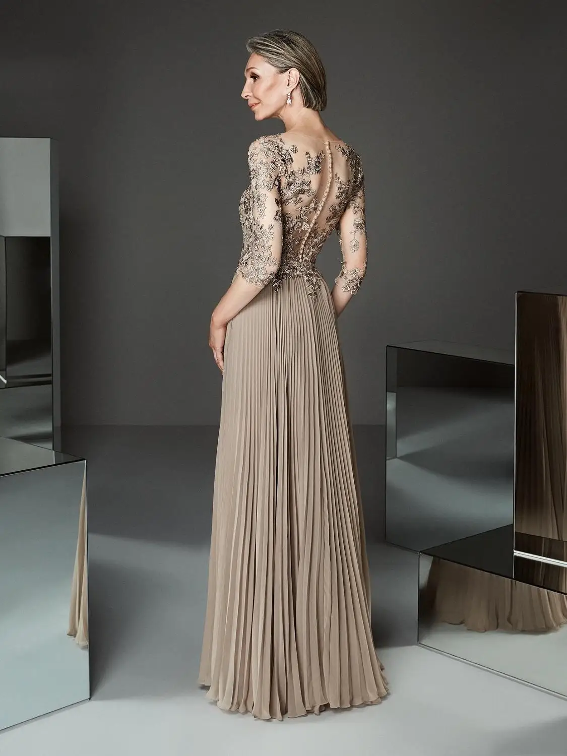 Champagne Ruches Avondjurken Half Sleeve V-hals A-lijn Lange 2022 Geplooide Bruiloft Gasten Prom Avond Gwons Nieuwe Elegante