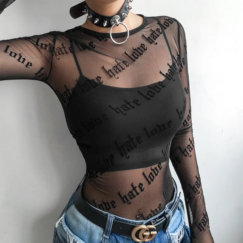 Sexy Gothic Punk Women Mesh T-Shirts See-through Perspective Letter Print Long Sleeve Tops Casual Slim T-Shirt Top Girls Outwear