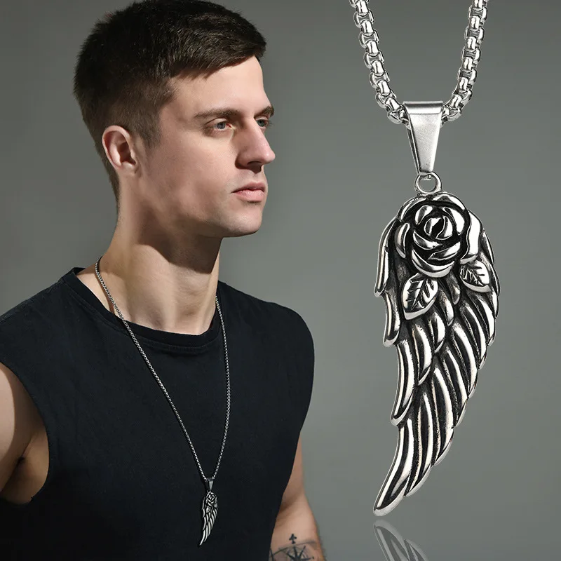 

2021 Punk Hot Sale Fashion Feather Men Necklace Retro 316L Stainless Steel Silver Plated Necklace Trend Men Street Party Jewelry