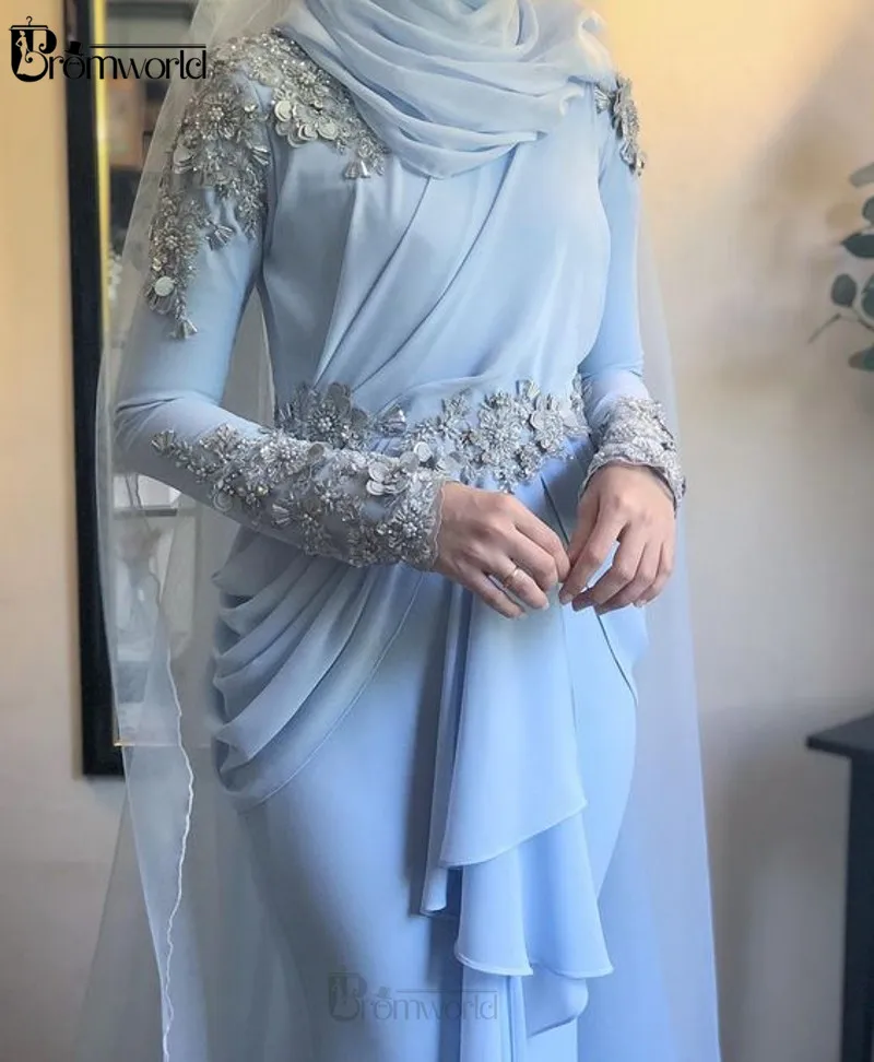 Dubai Kaftan Arabic Long Sleeves Formal Prom Dress 2024 Beaded Lace Chiffon Light Blue Muslim Evening Gowns Abiye Gece Elbisesi