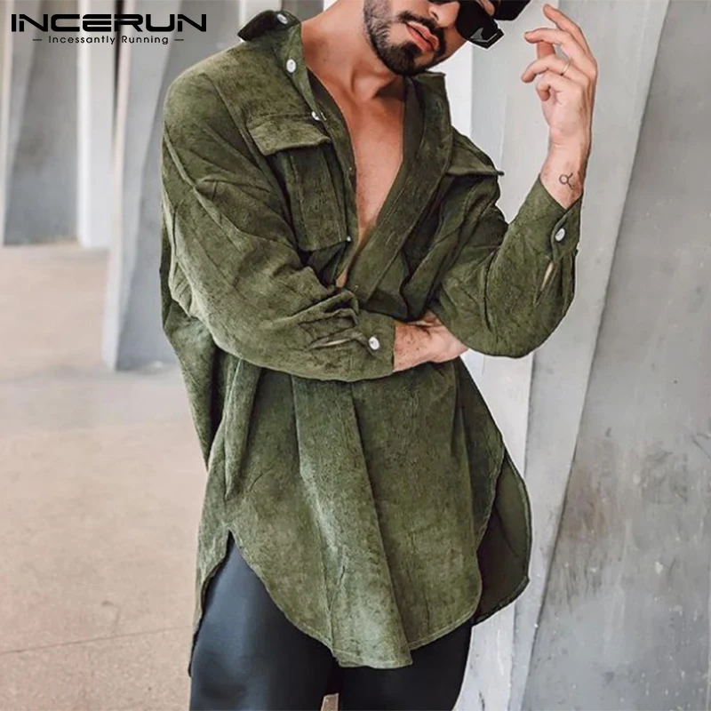 INCERUN Casual Men\'s Mid-length Suede Loose Shirts Tops 2022 Autumn Hot Sale Winter Vintage Lapel Collar Button Up Blouse S-5XL