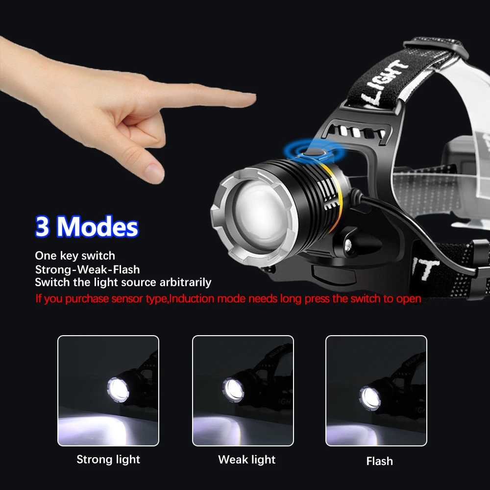 USB Rechargeable XHP50 LED Headlamp Powerful Headlight Sensor Head Torch Waterproof 18650 Fishing Lantern Zoom Camping Lights