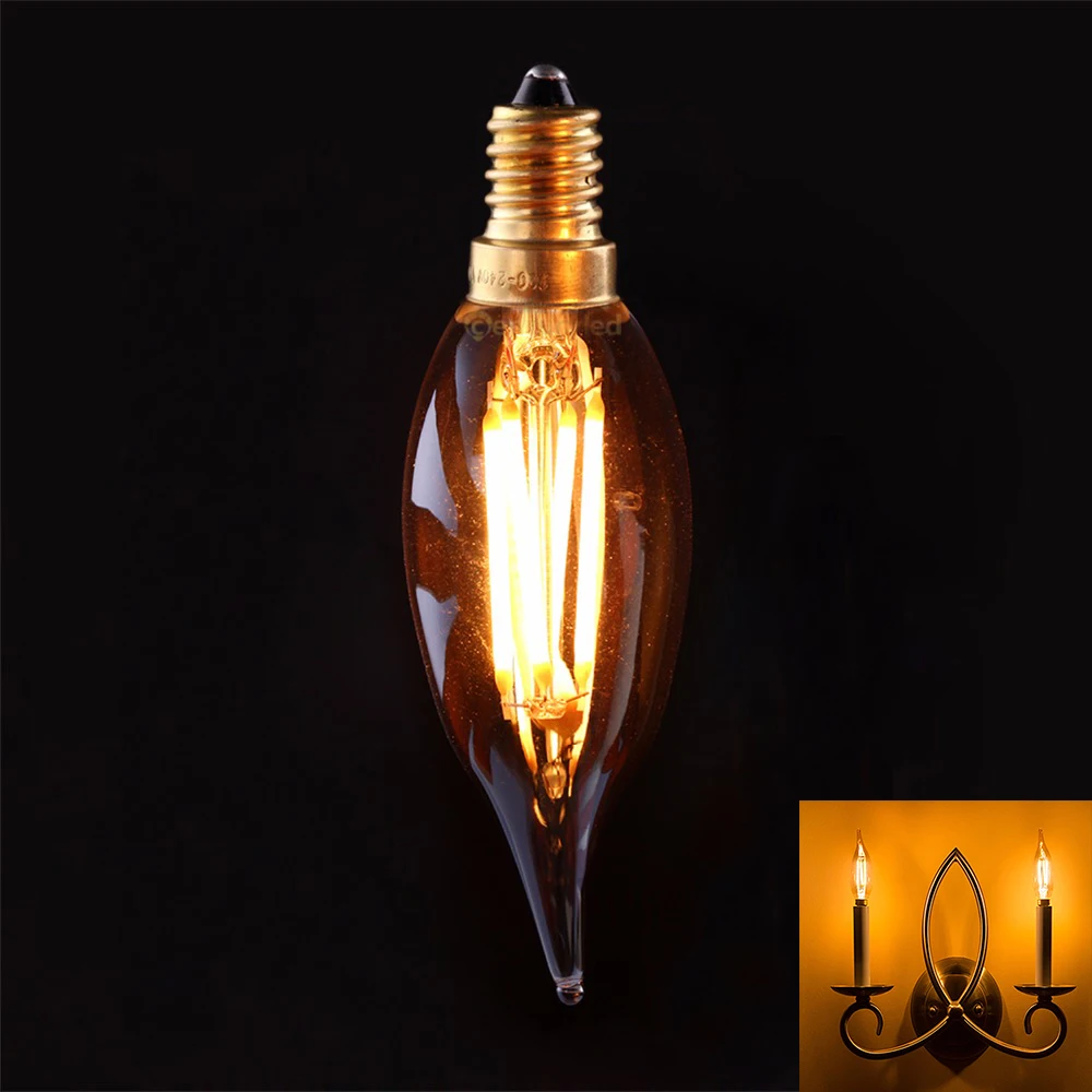 C32T Retro Dimmable LED Filament Light Bulb Amber Glass 4W 2200K Flame Tip Candle Light Bulbs E12 E14 Chandelier Home Decor Lamp