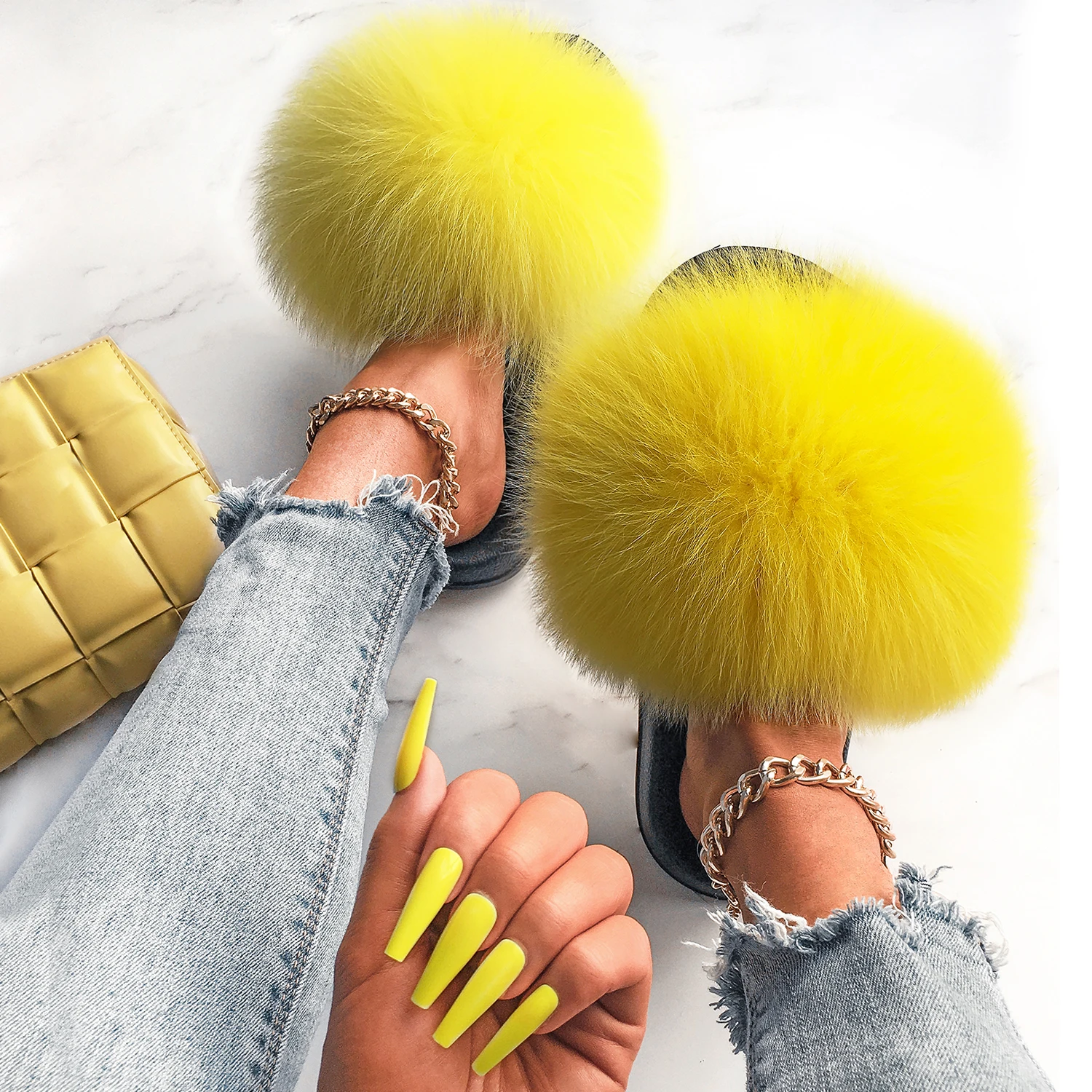 Furry Real Fox Fur Slippers Fluffy Cute Flip Flops Designer Plush Raccoon Fur home Flat Slides for Women\'s Summer Sandals Shoes