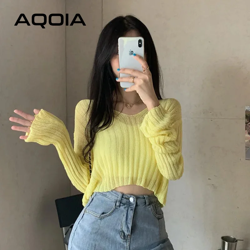 2022 Spring Sexy Solid Color thin Women Sweater Long Sleeve Loose Transparent Short Womens Sweaters INS V Neck Female Pullovers