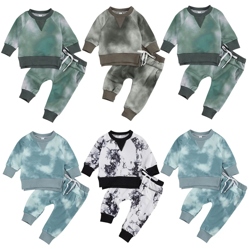 lioraitiin 0-24M Newborn Baby Boy Fahsion Autumn Clothing Set Tiy-Dye Printed Long Sleeve O-Neck Top Pants 2Pcs Outfit 2Styles