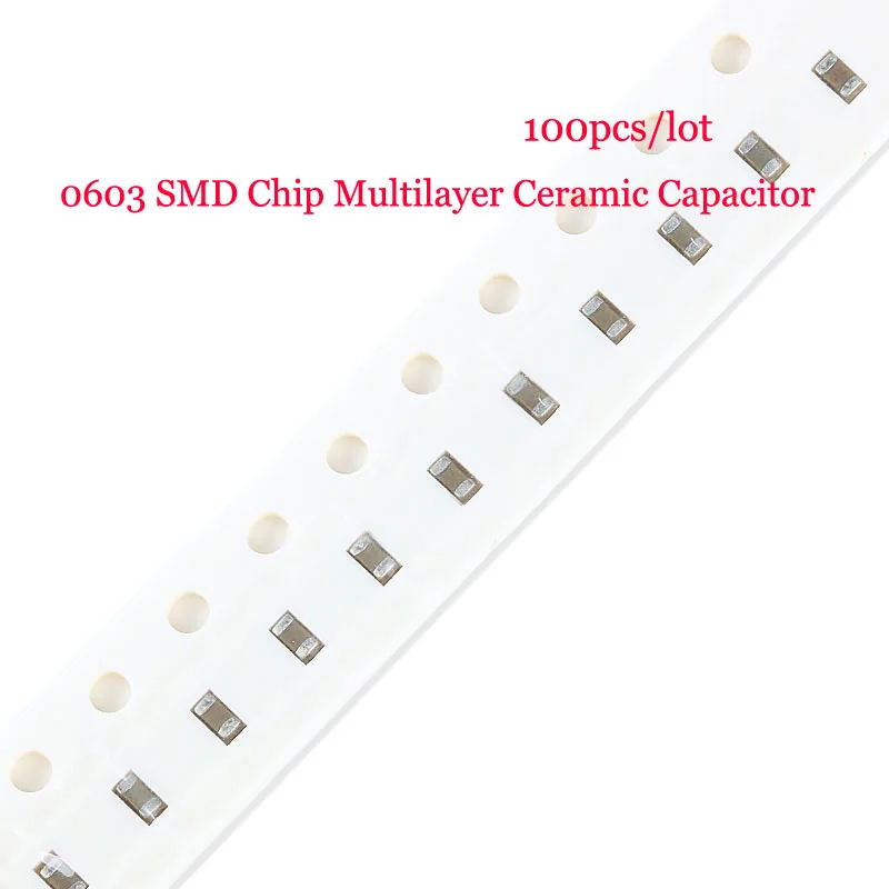 100szt 0603 SMD Chip Wielowarstwowy kondensator ceramiczny 0.5pF 1pF 30pF 47pF 100pF 150pF 1nF 10nF 100nF 0.1uF 1uF 2.2uF 4.7uF 10uF 22uF