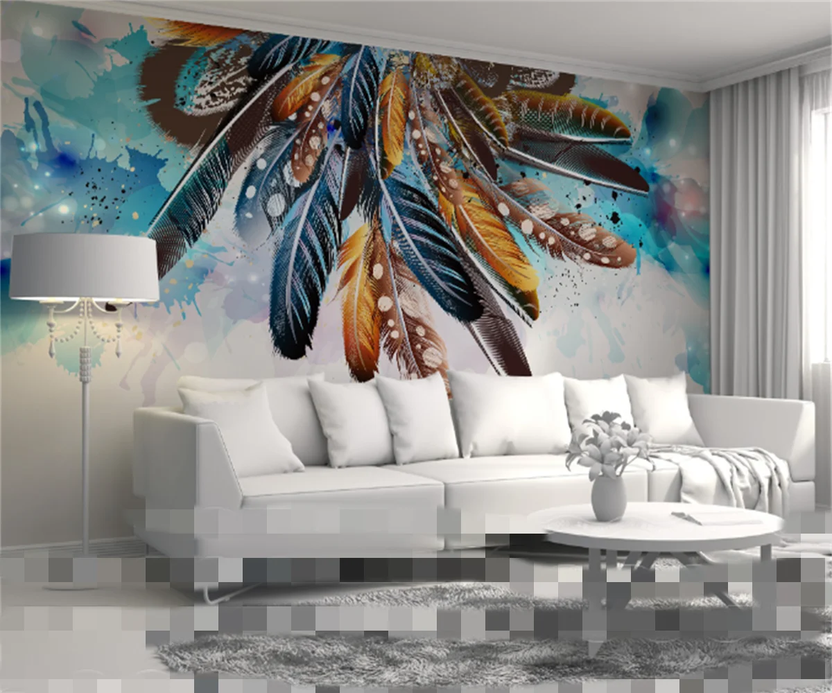 

Hotel custom fashion color feather art retro American TV background wallpaper light luxury tooling background wall painting