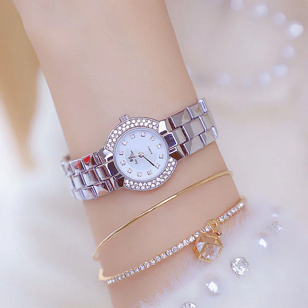 Luxury Brand Clock Elegant Small Dial Bling Rhinestone Bracelet Quartz Watch for Ladies Fashion Gold Silver Wrist Watches 2021