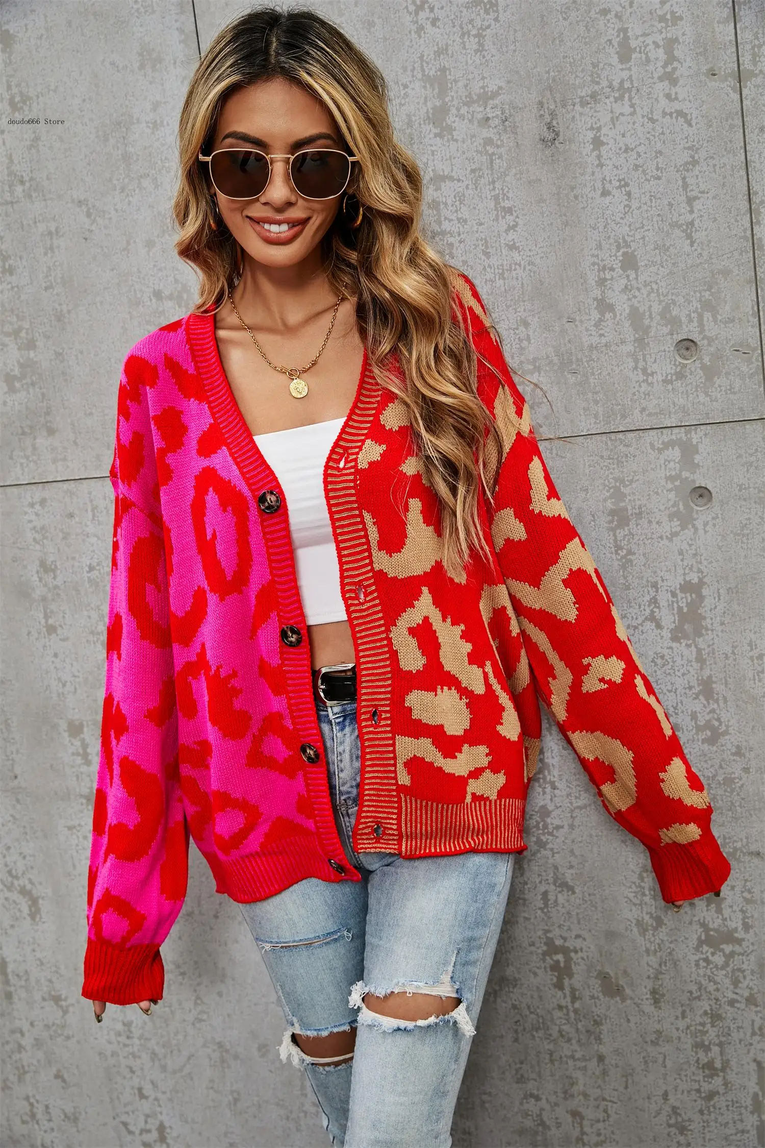 Women\'s Spring and Autumn Cardigan Sweater with Two Color Leopard Print Patchwork V-Neck Cardigan Jacket