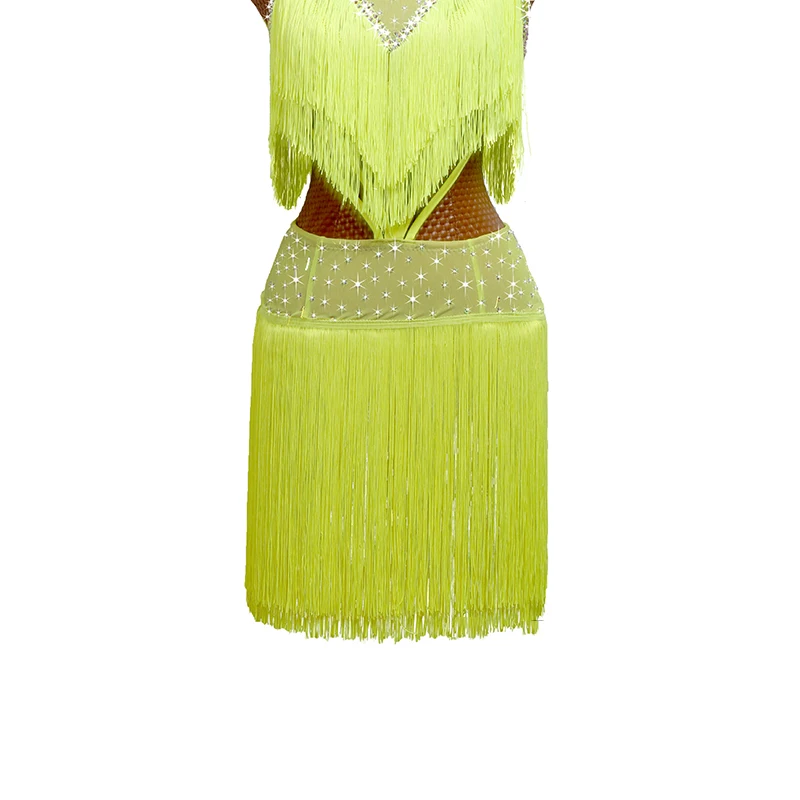 2021 Latin Dance Dress Fluorescent Yellow Fringe Competition Dresses Women Girls Cha Cha Rumba Dance Costume Stage Wear BL6745