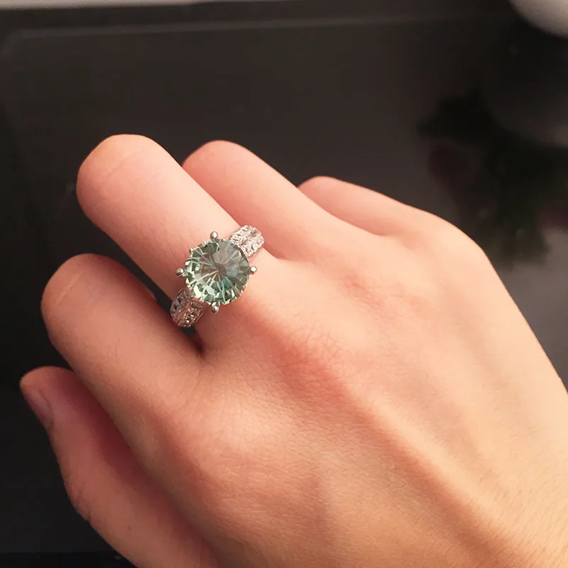 CSJ Green amethyst quartz gemstone classics Ring Sterling 925 Silver Round8.0 4Ct football cut Fine Jewelry For Women Lady Gift