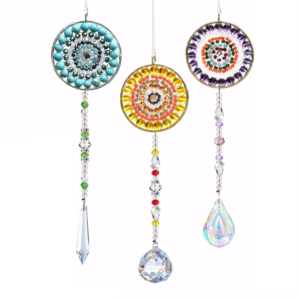 LEISI Healing Stone Mandala Sun Catcher Crystal Prism Ball Angel Pendants Rainbow Maker Hanging Home Window Wedding Decoration