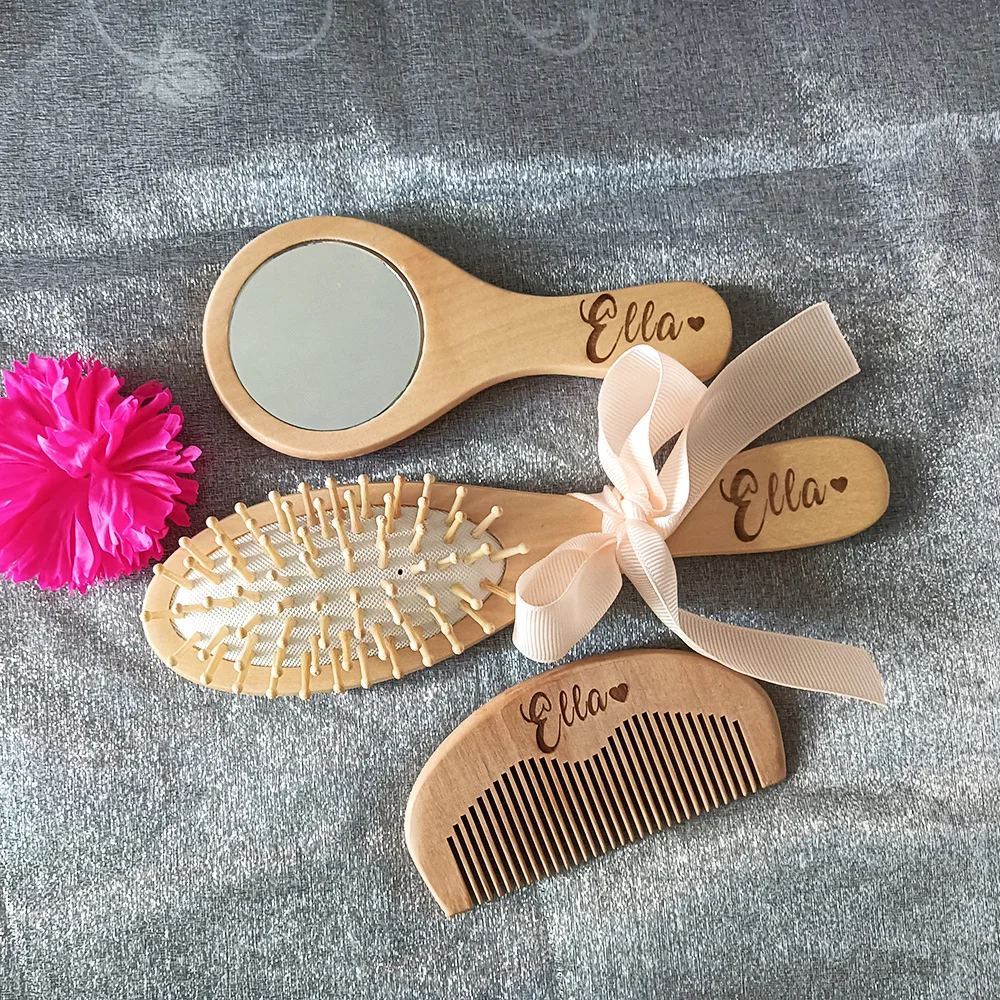 Custom Wooden Handle Portable Cosmetic Mirror, Massage Comb Set, Personalized Creative Gift, Wedding Gift, Custom Name